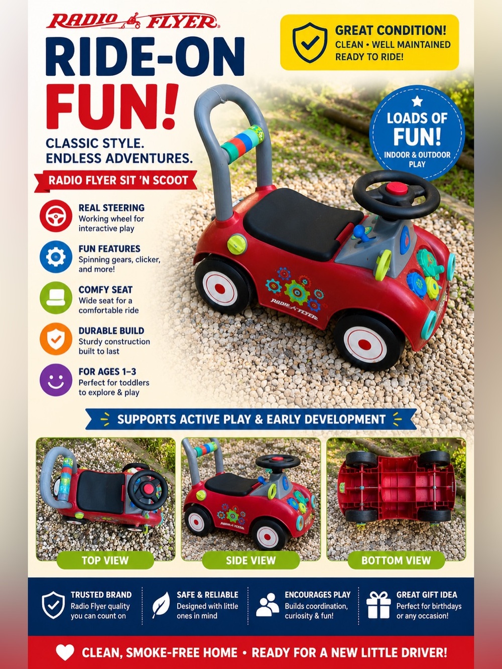 Radio Flyer Toddler Push Ride On Car Red Activity Toy Steering Wheel Ages 1-3